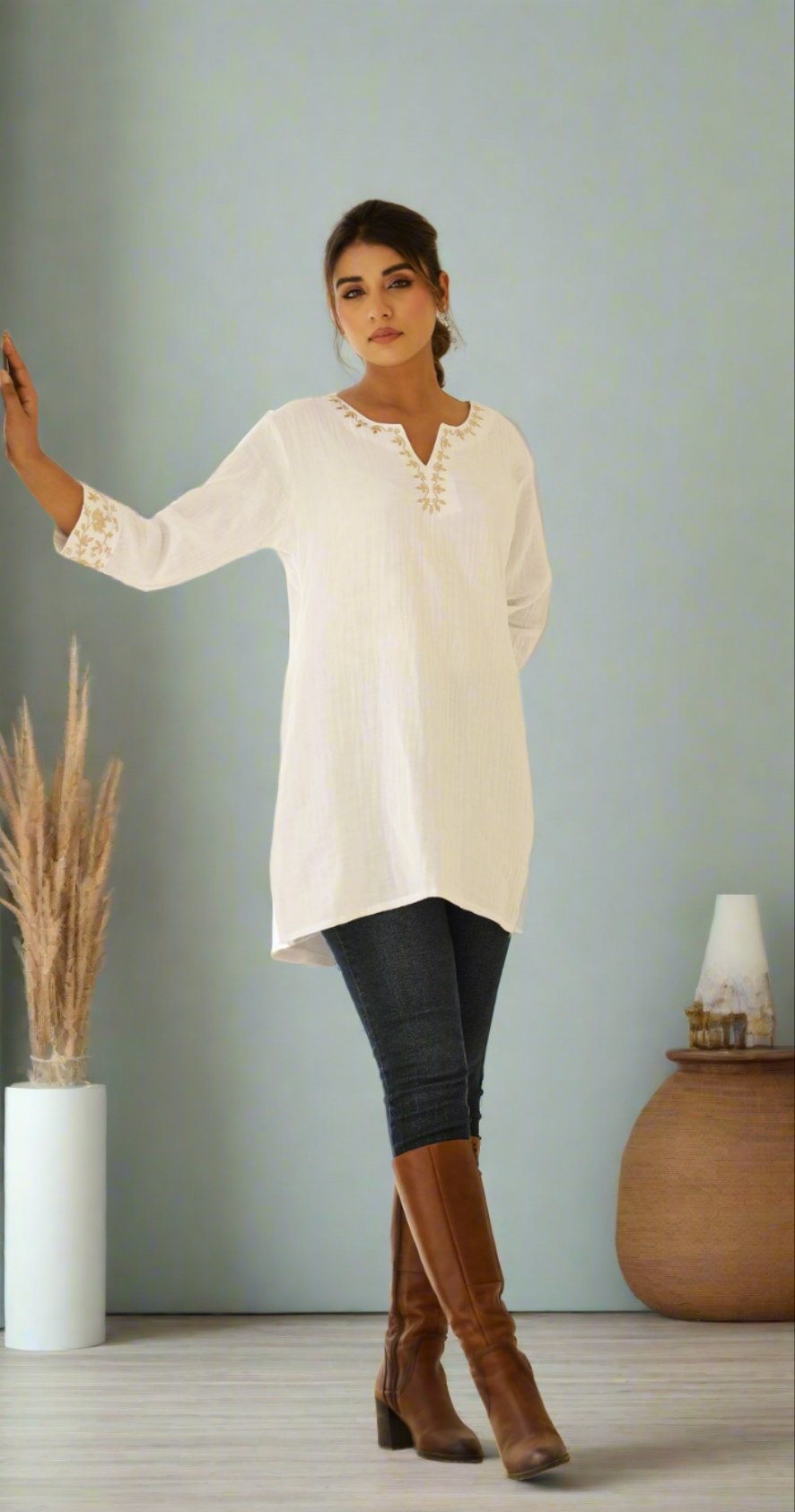 White cotton kurti with embroidery