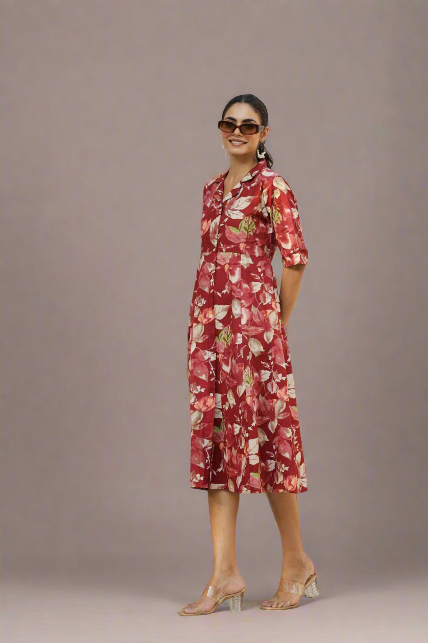 Floral red cotton A-line dress