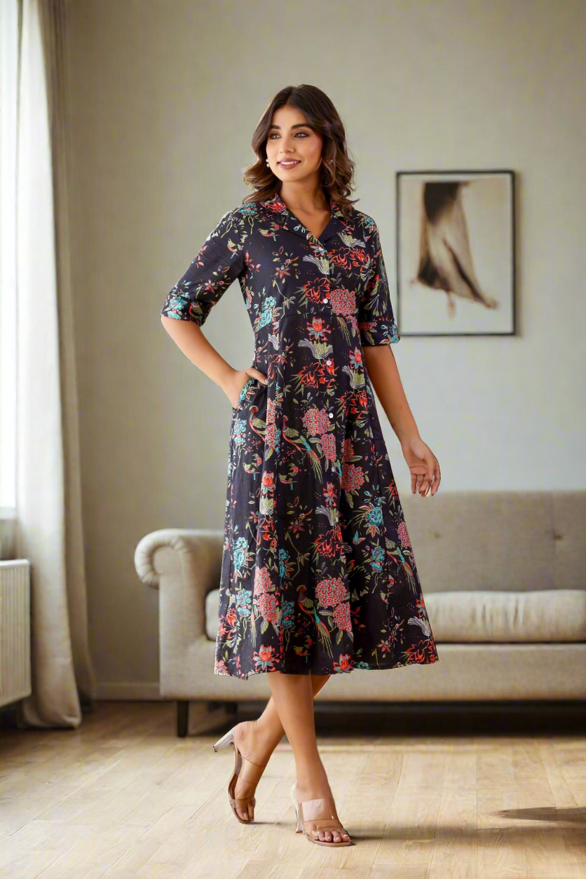 Black floral cotton dress