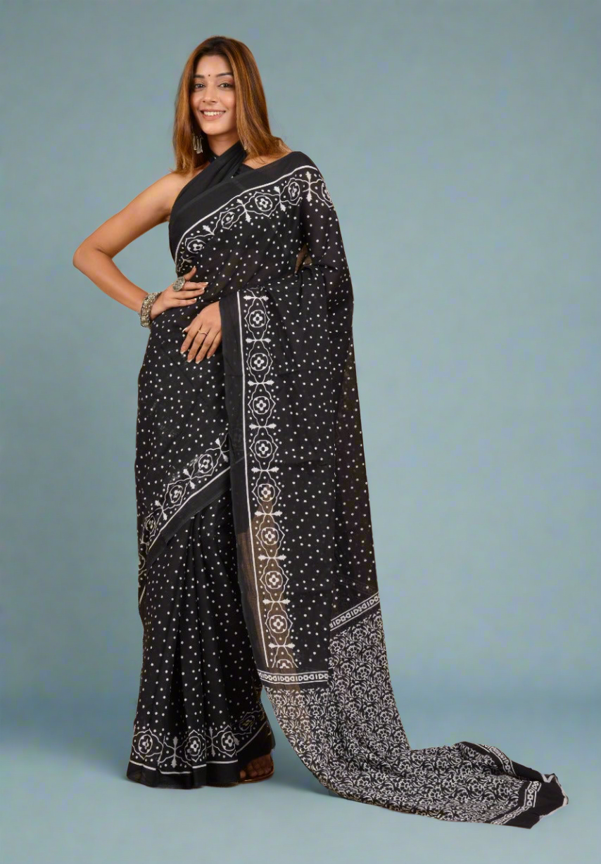Black summer wear mul cotton saree