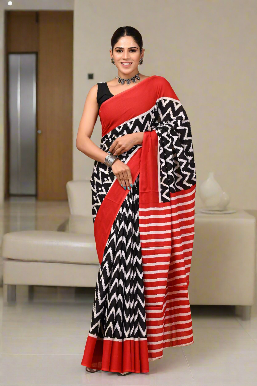 Mul Cotton saree with ikat print