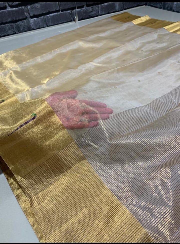 Tissue silk all over buti border muniya work chanderi handloom weave saree