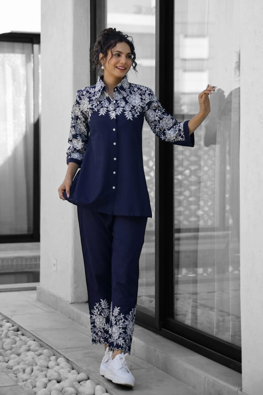 Women pure cotton embroidery Top Pant co-ord set