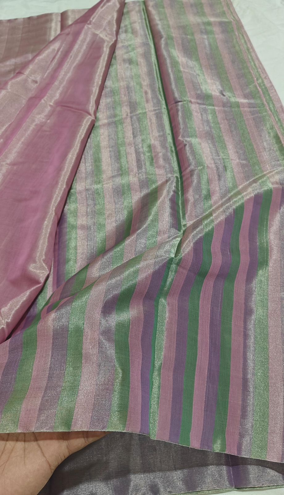 Full tissue silver zari weave multi colour stripes pallu. chanderi handloom weave saree