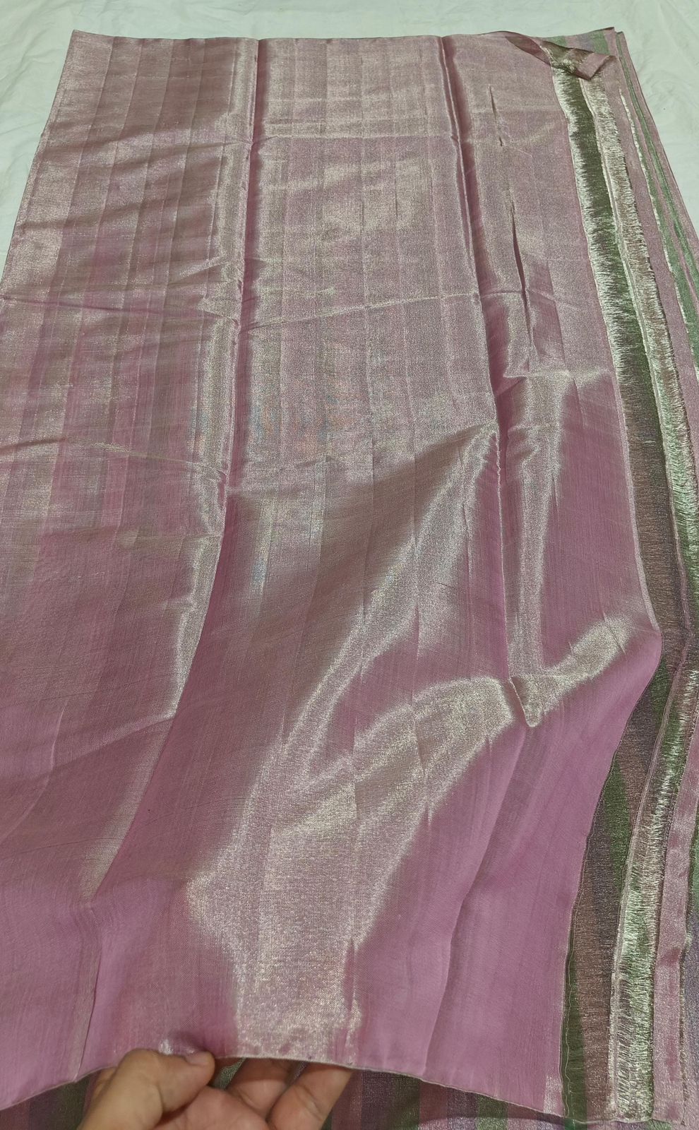 Full tissue silver zari weave multi colour stripes pallu. chanderi handloom weave saree