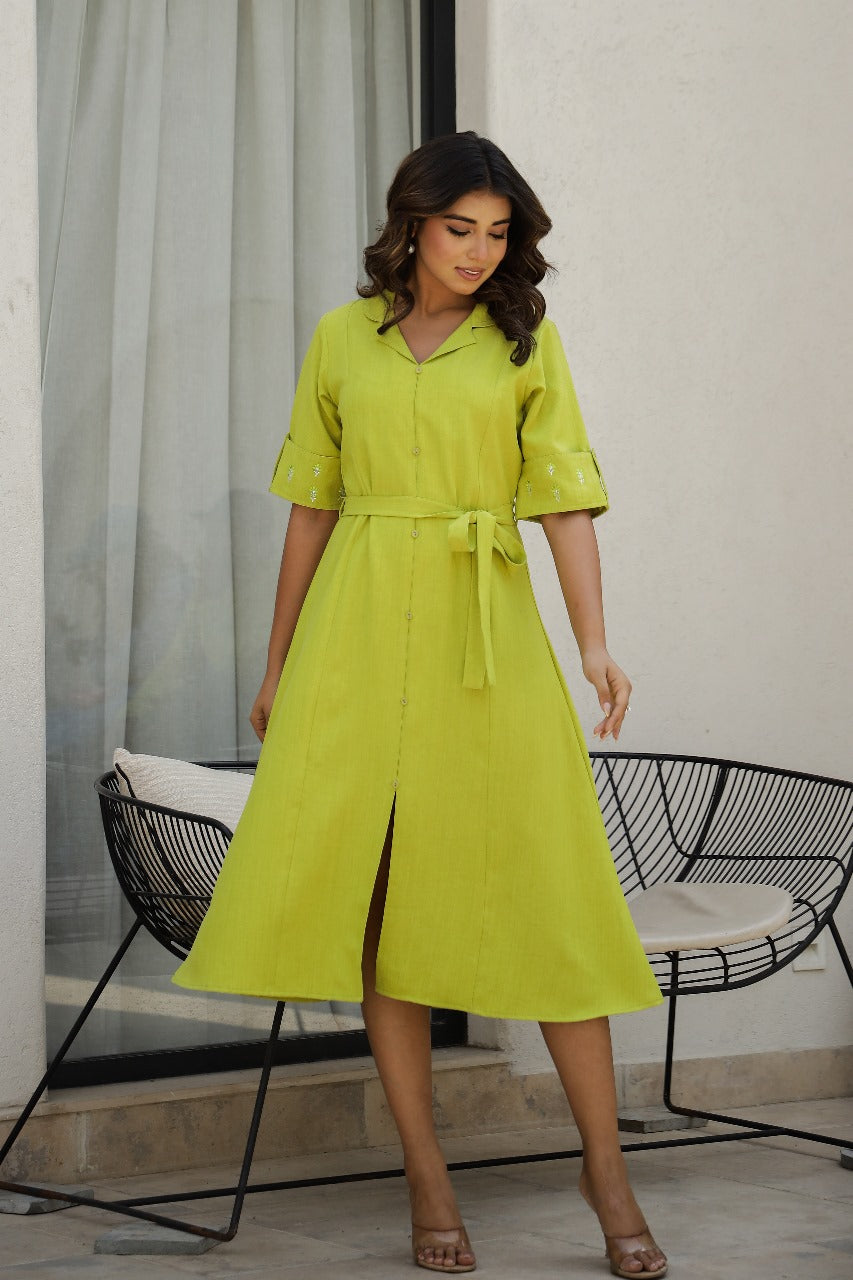 Lime Green cotton Shirt dress with Embroidery sleeves and belt