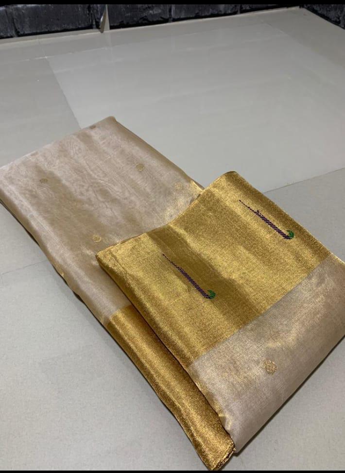 Tissue silk all over buti border muniya work chanderi handloom weave saree