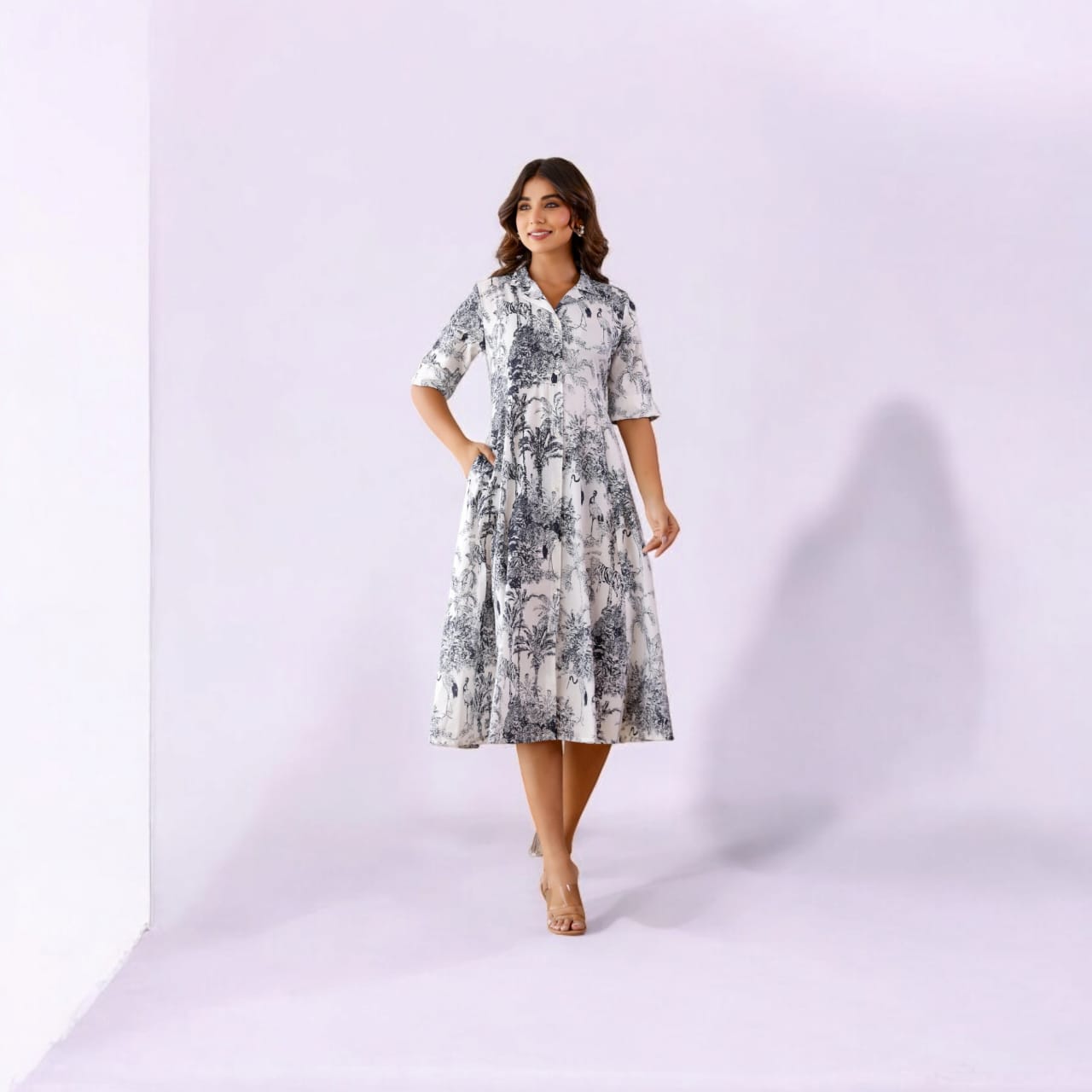 WOMEN WHITE PRINTED A-LINE DRESS