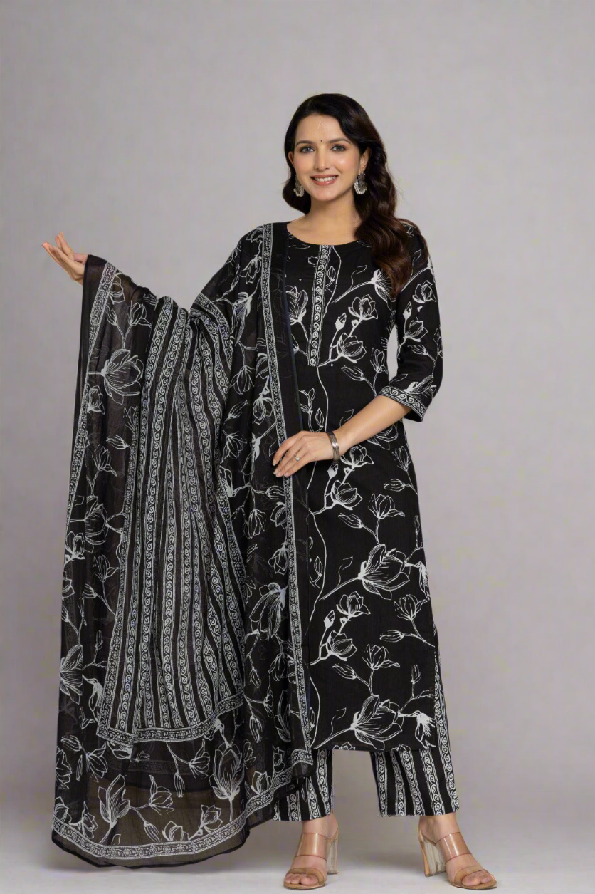 Black Cotton 3 piece set with pant and dupatta