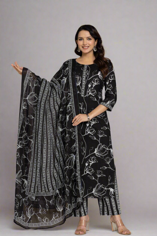 Black Cotton 3 piece set with pant and dupatta