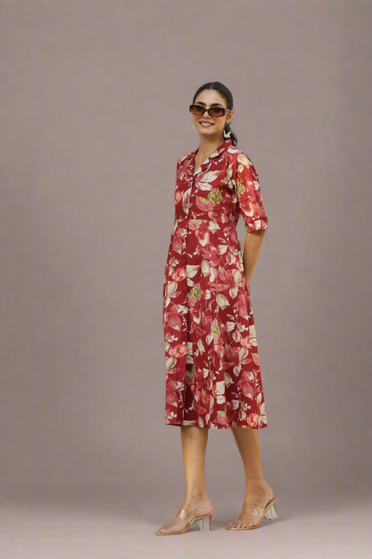 Floral red cotton A-line dress