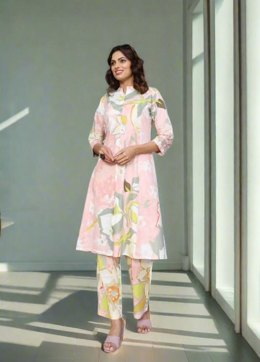 Peach long length shirt kurti with bottom