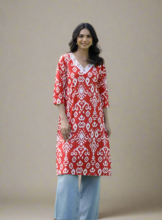 Red cotton kurta with beautiful print