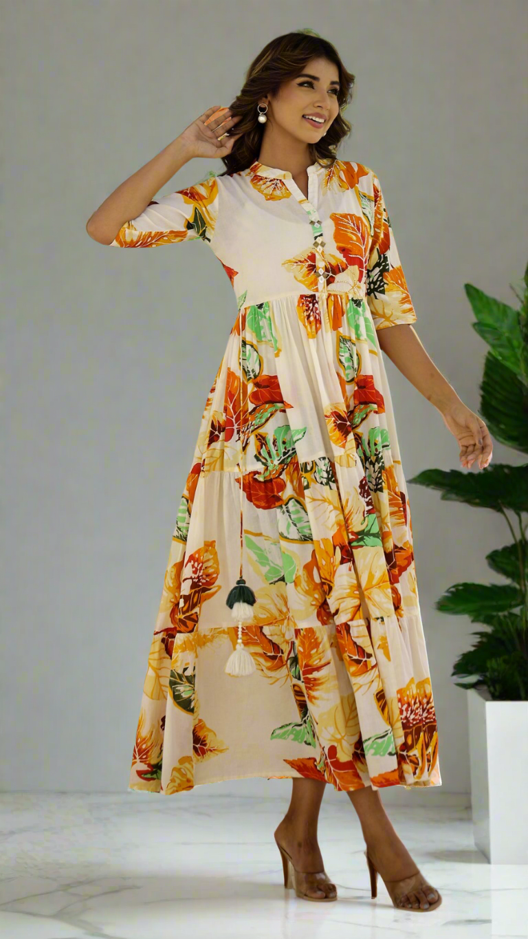 Cotton long length floral dress with tassels