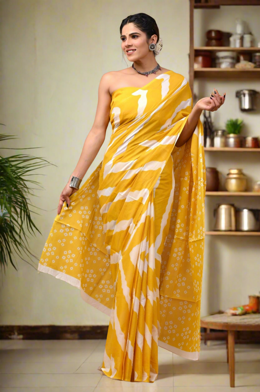 Yellow mul cotton saree