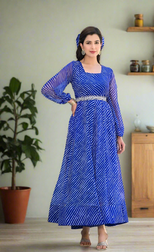 Blue leheriya full sleeves gown