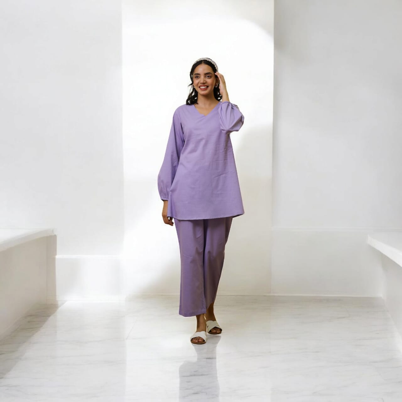 V-NECK PURE COTTON TUNIC CO-ORD SET LOUNGEWEAR