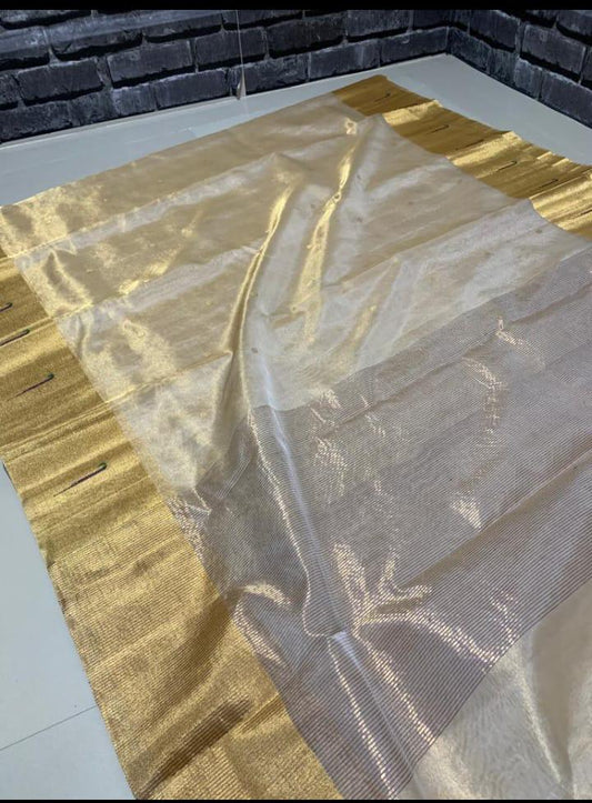 Tissue silk all over buti border muniya work chanderi handloom weave saree
