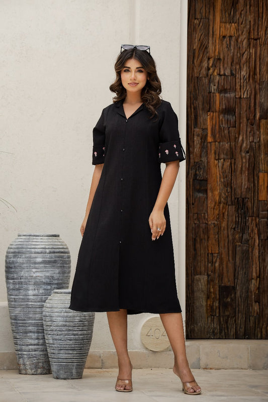 Black cotton Shirt dress with Embroidery sleeves and belt