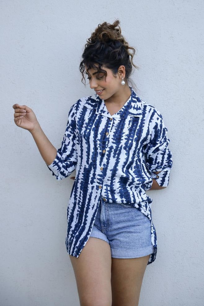 Oversized button down shirt with blue lines