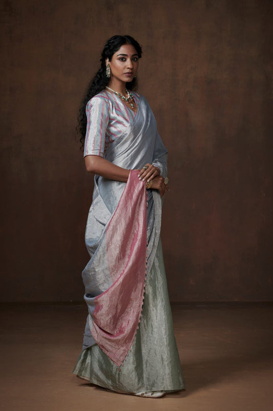 Full tissue silver zari weave multi colour stripes pallu. chanderi handloom weave saree