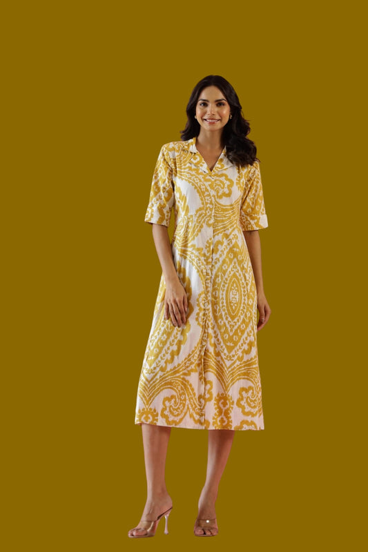 Mustard white cotton A-line dress